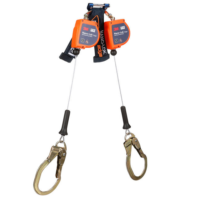 Two 3M DBI-SALA Nano-Lok Edge Twin-Leg SRLs in orange are equipped with metal hooks and cords, tailored for use with safety harnesses. These ANSI Class 2 devices, identifiable by their blue labels, are linked together to offer reliable fall protection for workers at heights.