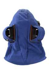 The NSA 40 Cal ArcGuard Performance Lift Front Hood w/Fans ARC40H1 is a blue hood featuring black straps and two open side compartments, designed to provide protective use. Its rounded shape includes padded areas for enhanced comfort and safety, ideal for ArcGuard Performance applications.