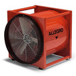 The Allegro 16 in. High Output Blower/Ventilator 9516, featuring a red design and encased in a sturdy square frame with a protective metal grille, is engineered for optimal ventilation purposes.