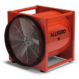 The Allegro 16 in. High Output Blower/Ventilator 9516, featuring a red design and encased in a sturdy square frame with a protective metal grille, is engineered for optimal ventilation purposes.