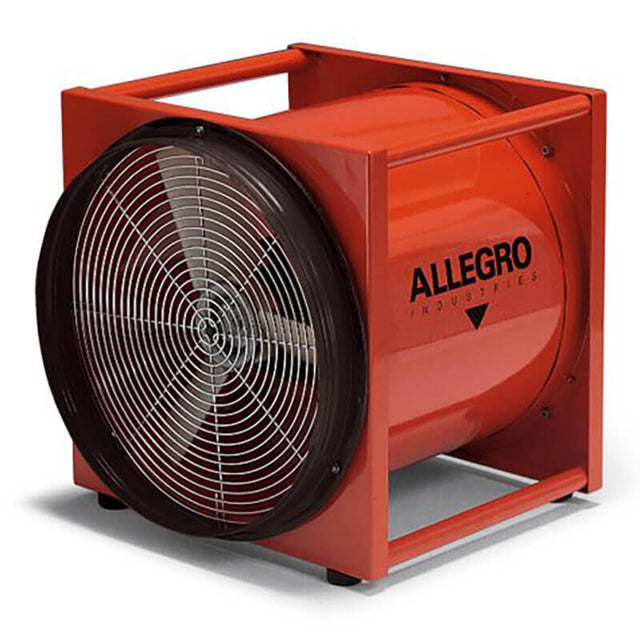 The Allegro 16 in. High Output Blower/Ventilator 9516, featuring a red design and encased in a sturdy square frame with a protective metal grille, is engineered for optimal ventilation purposes.