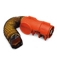 The Allegro 8" Com-PAX-ial Plastic Blower, an orange portable ventilation system with attached flexible black and yellow ducting hose, is designed for industrial or construction use in confined spaces. The blower and hose are displayed on a plain white background.