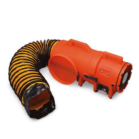 The Allegro 8" Com-PAX-ial Plastic Blower, an orange portable ventilation system with attached flexible black and yellow ducting hose, is designed for industrial or construction use in confined spaces. The blower and hose are displayed on a plain white background.