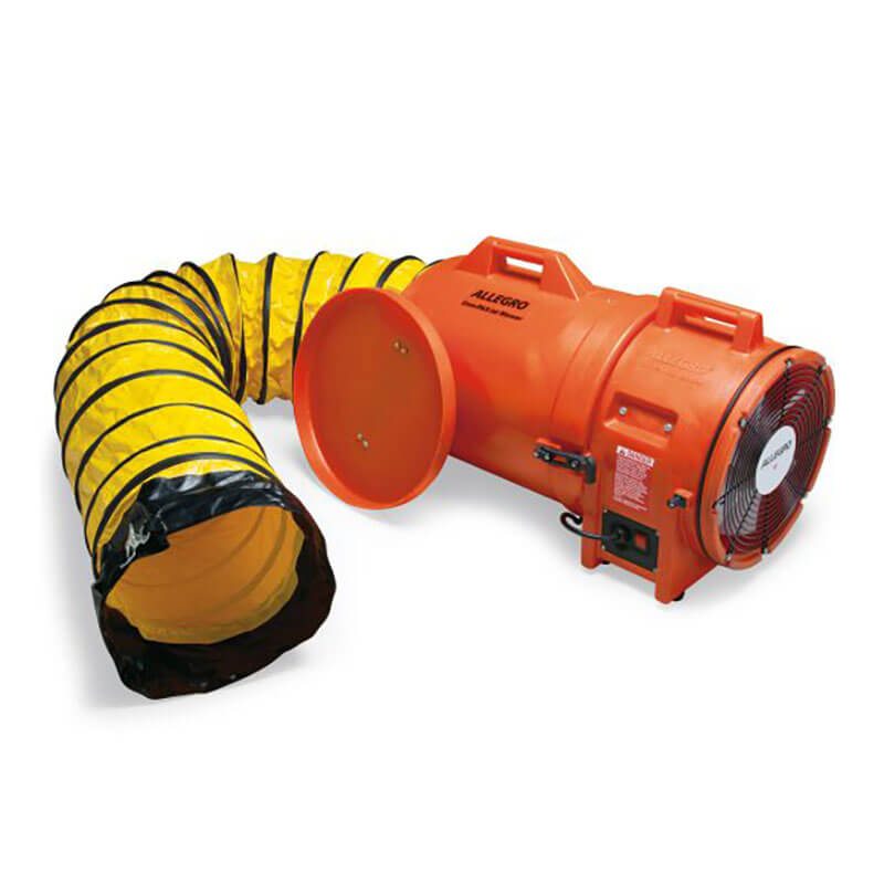 The Allegro 12 in Axial Blower with Canister and Ducting 9543 is an orange industrial fan by Allegro, featuring a yellow flexible duct, control switches, and a carrying handle—perfect as a portable ventilation kit.