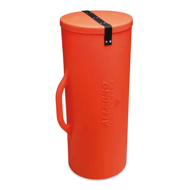 The Allegro 12 in. Plastic Ducting Storage Canister, model 9550-55 from PK Safety Supply, is a tall cylindrical container in bright orange made of Linear Low Density Polyethylene. It comes equipped with a black strap securing the lid and a side handle for easy carrying, ensuring its durability.