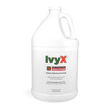 A large white jug labeled "Coretex Ivy X Pre-Contact Skin Solution (No Pump)" from PK Safety Supply features instructions for use against poison oak and ivy on the front, offering urushiol protection. Designed as a skin barrier, the jug includes a top handle for easy pouring.