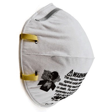 A 3M 8110S N95 Particulate Respirator, designed for smaller faces, is positioned against a pristine white backdrop. The face of the mask features printed warning text, safety icons, and a NIOSH certification seal to guarantee optimal safety and protection.