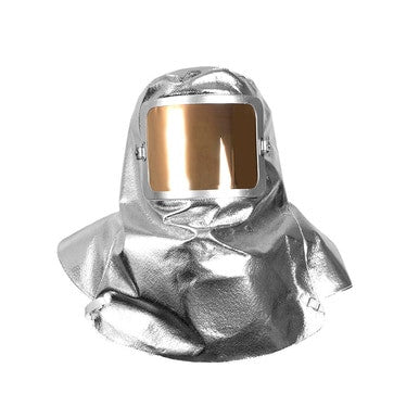 Introducing the NSA Aluminized Carbon Kevlar Hood H58NLHG, a protective gear crafted by NSA that features a durable silver aluminized carbon Kevlar construction. This hood is equipped with a gold-tinted face shield and is designed to offer molten metal protection and thermal insulation in high-temperature environments. Its reflective surface ensures maximum safety by covering the entire head and neck area.