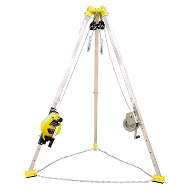 The French Creek 9' Tripod 3-Way Rescue Unit and Winch S50G-M9, a product by French Creek Production, features a yellow and silver aluminum tripod equipped with mechanical components such as galvanized wire rope, cables, and a gear system. This setup is intended for lifting or support applications.