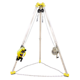 The French Creek 9' Tripod 3-Way Rescue Unit and Winch S50G-M9, a product by French Creek Production, features a yellow and silver aluminum tripod equipped with mechanical components such as galvanized wire rope, cables, and a gear system. This setup is intended for lifting or support applications.