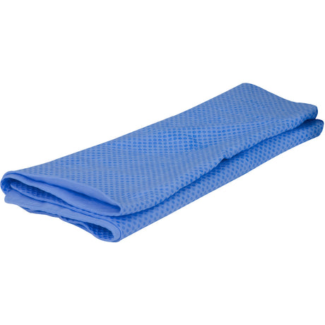 The PIP EZ-Cool Evaporative PVA Cooling Towel, available in a blue shade and bulk packed with ten per bag, is made by Protective Industrial Products. This towel features a textured, waffle-like pattern and is crafted from soft and lightweight Poly Vinyl Alcohol (PVA), making it an ideal accessory for workouts or keeping cool in warm environments.