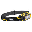 Introducing the Petzl ARIA 1 Headlamp E069AA00, a yellow and black waterproof headlamp featuring an adjustable strap adorned with the iconic Petzl logo. This compact, rectangular lamp boasts a single central round light, perfect for hands-free use.