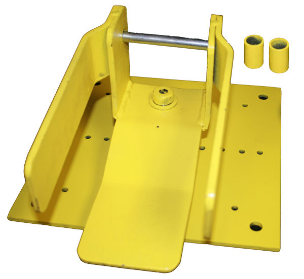 A French Creek Production Rooftract Roof Retractable System 1791 features a yellow metal bracket with multiple holes and a horizontal rod, designed for mounting or holding objects in horizontal lifeline systems. Alongside it are two distinct yellow cylindrical components, indicative of the retractable system's functionality.