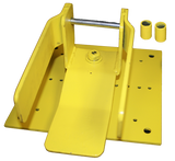 A French Creek Production Rooftract Roof Retractable System 1791 features a yellow metal bracket with multiple holes and a horizontal rod, designed for mounting or holding objects in horizontal lifeline systems. Alongside it are two distinct yellow cylindrical components, indicative of the retractable system's functionality.