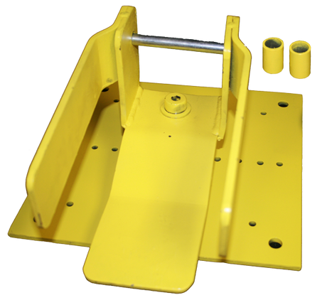 A French Creek Production Rooftract Roof Retractable System 1791 features a yellow metal bracket with multiple holes and a horizontal rod, designed for mounting or holding objects in horizontal lifeline systems. Alongside it are two distinct yellow cylindrical components, indicative of the retractable system's functionality.