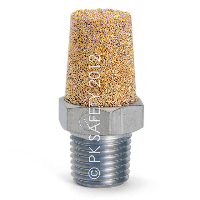 A close-up of the Allegro Inlet Filter Element for the A-300 Pump 9700-07 by PK Safety Supply highlights its precision design against a plain white background. The filter features a hexagonal base and a cylindrical, porous top, perfect for use with the A300 Ambient Air Pump. Its textured appearance and threaded end ensure easy attachment.