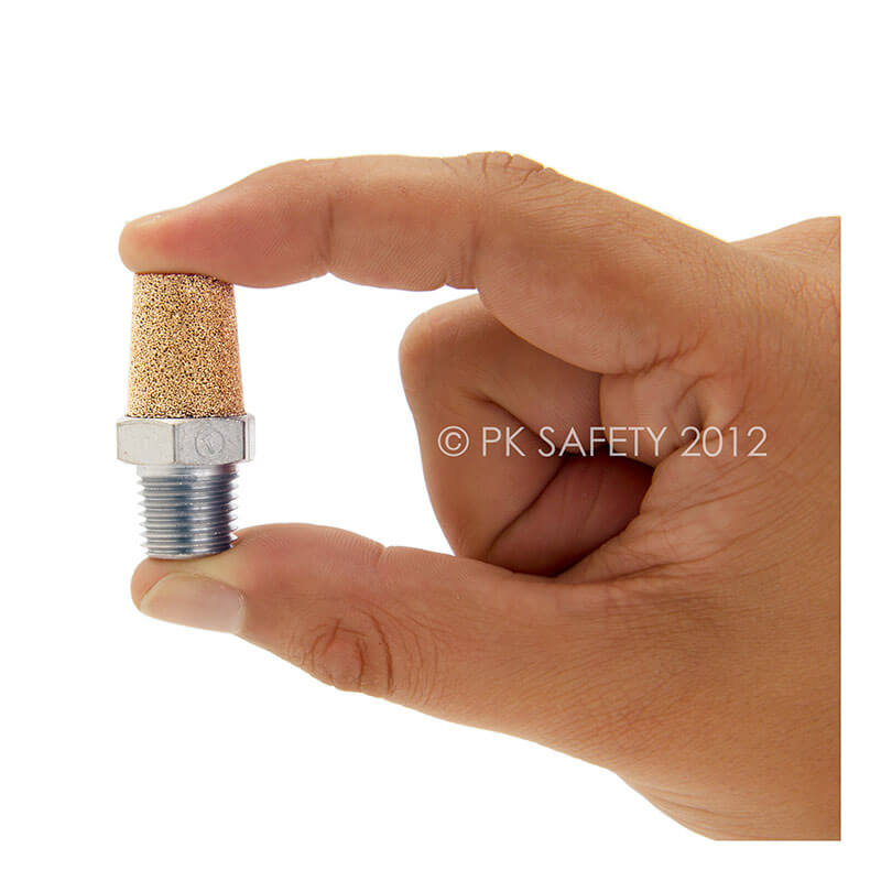 A hand holds the Allegro Inlet Filter Element for the A-300 Pump 9700-07, gripping its hexagonal base with porous top up. The image shows a "PK SAFETY 2012" watermark and highlights this Allegro brand replacement filter.