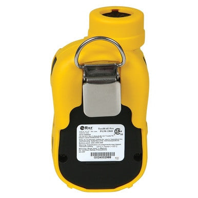 A RAE Systems ToxiRAE Pro Single Gas Detector in yellow and black, equipped with a silver clip on the back. It includes text and logos on its label, has rounded edges, and features a circular opening at the top for detecting hydrogen sulfide.