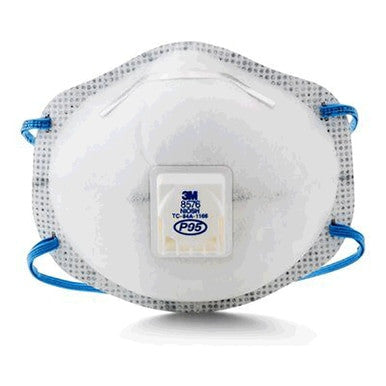 The 3M 8576 P95 Nuisance Odor Relief Particulate Respirator comes in white and is equipped with a central exhalation valve enhanced by 3M Cool Flow technology. It features blue elastic straps for excellent respiratory protection, while the brand logo and specs are easily visible on the front.