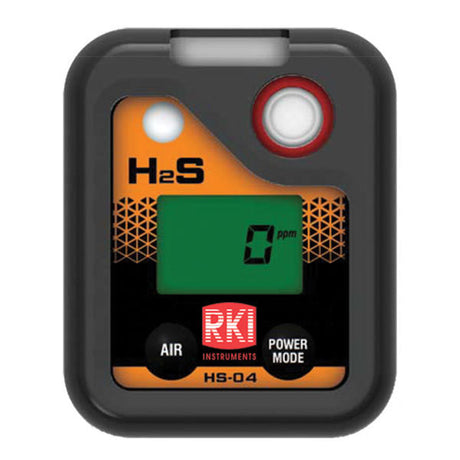 The RKI Instruments HS-04 Series H2S Single Gas Monitor 73-0063 is an excellent choice for personal monitoring, displaying "0 ppm" on its screen. With a sturdy black and orange design, it includes two buttons labeled "Air" and "Power Mode," ensuring reliable performance with an IP-67 rating.