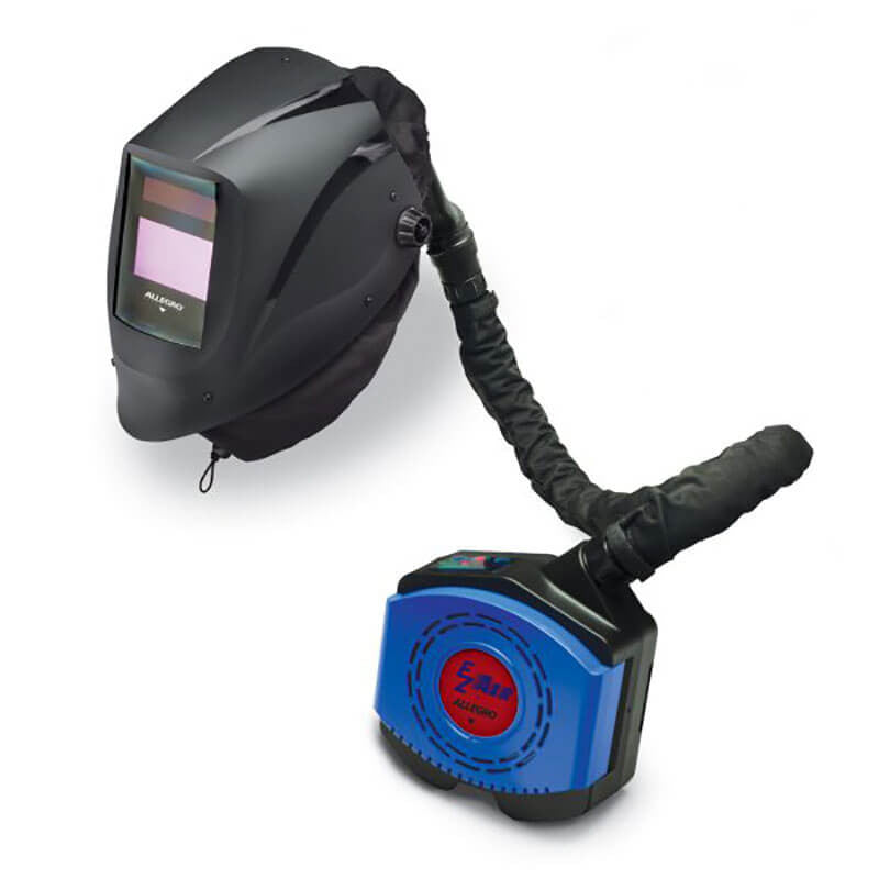 The Allegro Economy EZ Air PAPR Welding Assembly 9935 features a black welding helmet with an integrated PAPR air filtration unit. This NIOSH-approved helmet includes a viewing window, while the blue filtration unit is accented with black details and linked by a flexible hose. Both products are showcased on a plain white background.