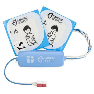 The ZOLL Powerheart G3 Pediatric Defibrillation Pads (model 9730-002) feature a pair of blue and white pads with cartoon illustrations to aid in correct chest placement. These pads connect to a blue Cardiac Science Powerheart G3 module using a red connector plug.