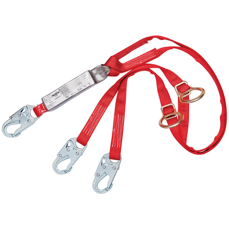 The 3M PROTECTA PRO Pack Tie-Back 100% Tie-Off Shock Absorbing Lanyard, from the brand 3M DBI-SALA Fall Protection, is a red safety harness equipped with metal hooks and rings for fall protection. It incorporates a tie-back design, adjustable straps, and a shock-absorbing lanyard to ensure maximum security.