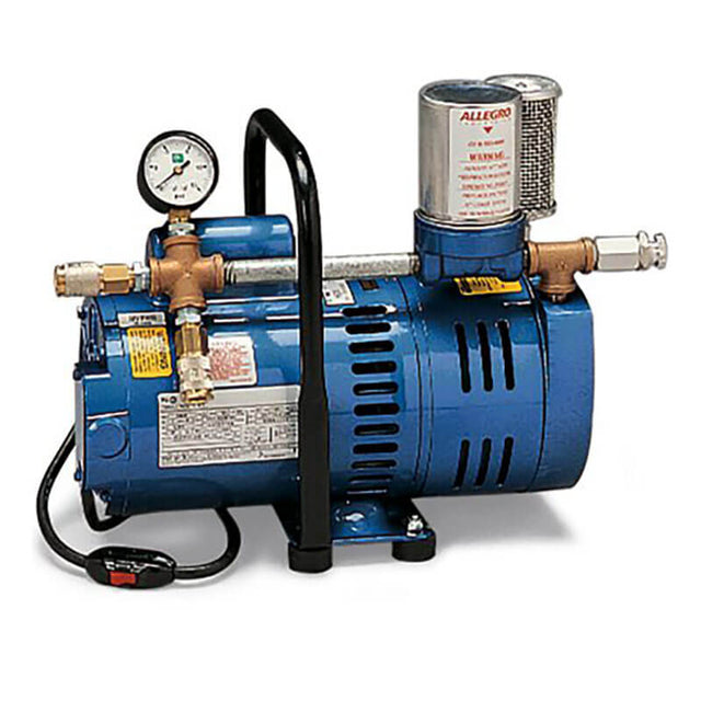 The Allegro Industries A-750 Ambient Air Pump 9821, in blue, is equipped with a handle and a top-mounted gauge, several warning labels, and an attached power cord. This portable air source is designed with brass fittings and a metal air filter for optimal efficiency.