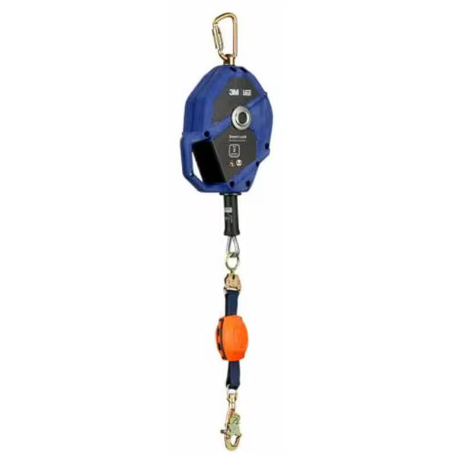 Image of a fall protection device with a blue casing, labeled "3M DBI SALA Smart Lock Edge Modula Connector SRL, Class 2, Galv Cable, 30 ft 3503890." It features a carabiner at the top and a swivel snap hook on the galvanized cable, along with an orange component and metal hook at the bottom.