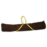 The French Creek Production Tripod Carrying Bag is a long, brown fabric bag featuring a yellow zipper and handles, making it perfect for transporting a folding chair or similar items—ideal for your next adventure at French Creek.