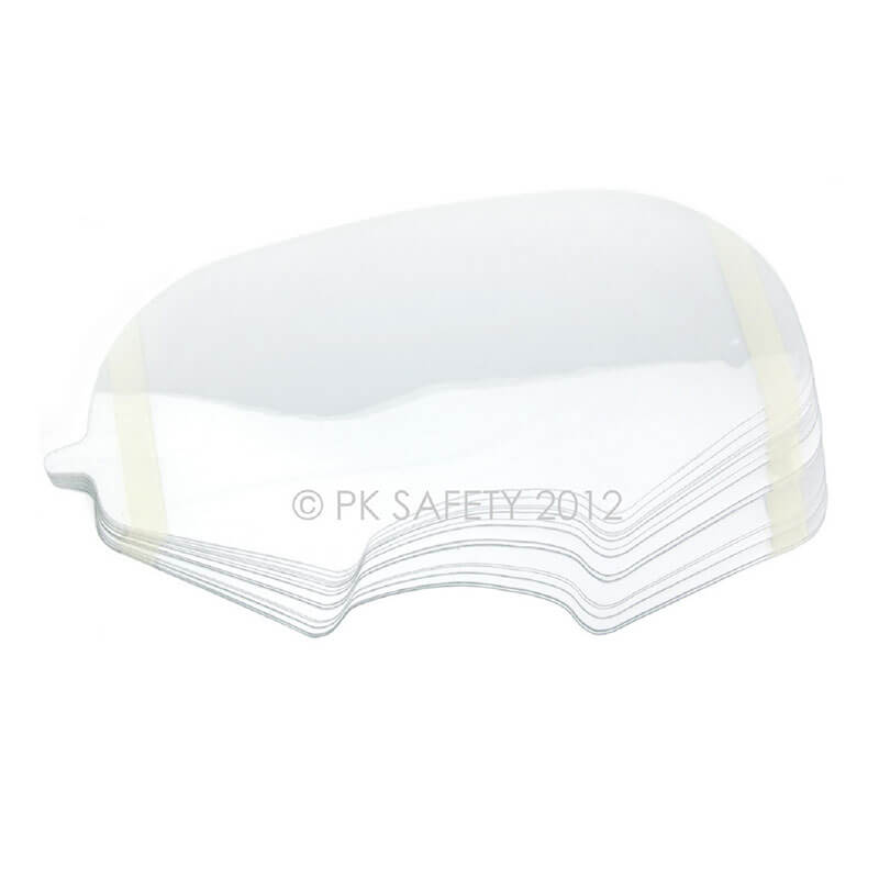 Introducing the Allegro Full-Face SAR Mask Lens Protectors 9901-25 from PK Safety Supply, a pack of 25 clear visor tear-offs with convenient side tabs. These face shield protectors are designed to maintain optimal visibility and enhance safety for motorsports helmets during high-speed races.