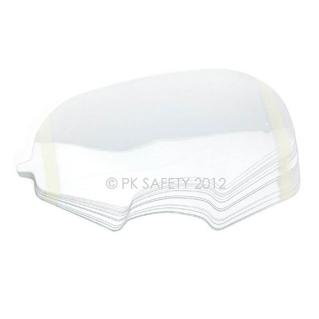 Introducing the Allegro Full-Face SAR Mask Lens Protectors 9901-25 from PK Safety Supply, a pack of 25 clear visor tear-offs with convenient side tabs. These face shield protectors are designed to maintain optimal visibility and enhance safety for motorsports helmets during high-speed races.