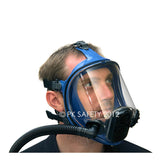 A man wears the Allegro Full Face Constant-Flow Airline Respirator 9901 with a clear visor and breathing hose, ideal for spray painting. The image is watermarked “© PK SAFETY 2012.”.