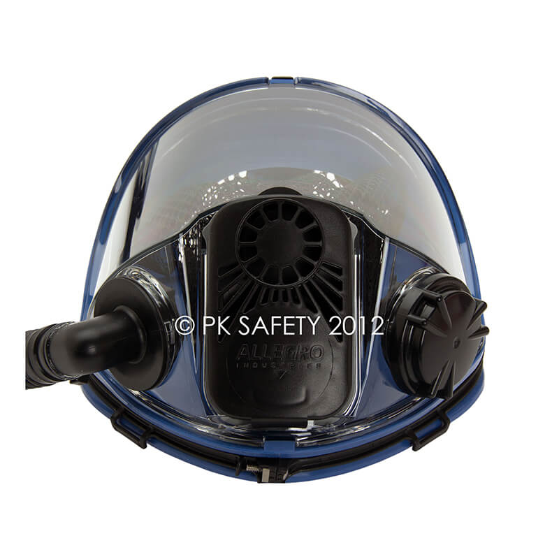 The Allegro Full Face Constant-Flow Airline Respirator 9901 features a clear visor, black breathing apparatus, and filter attachments. Ideal for industrial safety or spray painting. Brand: Allegro.