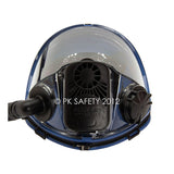 The Allegro Full Face Constant-Flow Airline Respirator 9901 features a clear visor, black breathing apparatus, and filter attachments. Ideal for industrial safety or spray painting. Brand: Allegro.