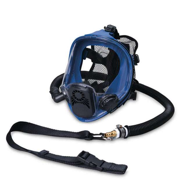 A blue Allegro Full Face Constant-Flow Airline Respirator 9901, featuring an attached black breathing hose and adjustable head straps. The mask includes a clear viewing window and a secure black breathing attachment for a safe diving experience.