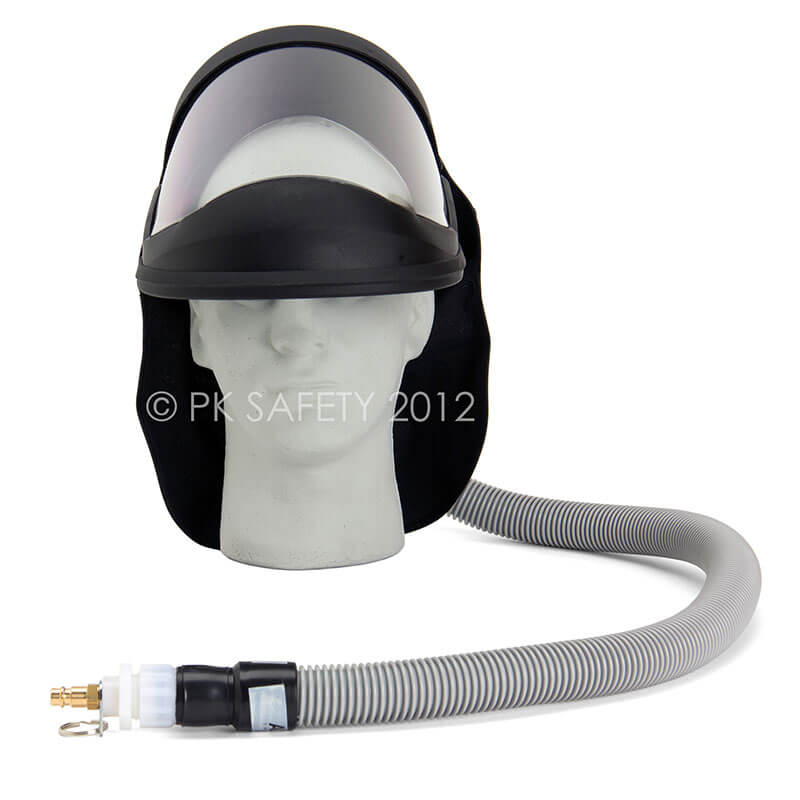 The Allegro Economy Supplied Air Face Shield with Low Pressure Adapter by Allegro is shown on a mannequin head, featuring a clear shield, black visor, fabric shroud, and a long hose ending in a connector.