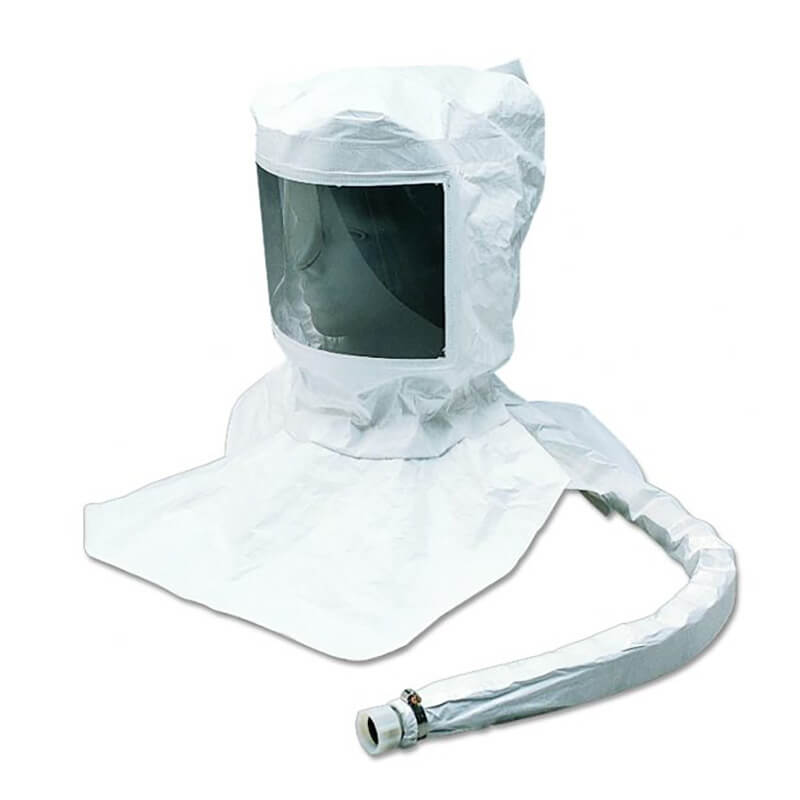 The Allegro 9911-20 Replacement Tyvek Hood Assembly by PK Safety Supply includes a white protective hood with a transparent face shield and an attached flexible hose, specifically designed for respiratory safety. This maintenance-free Tyvek hood provides optimal protection in challenging environments.