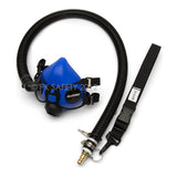 The Allegro Half Mask Constant Flow Airline Respirator 9920 by Allegro features adjustable straps, a black corrugated hose, and a quick-release belt—perfect for welding or spray foam applications.