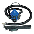 The Allegro Half Mask Constant Flow Airline Respirator 9920 by PK Safety Supply, featuring a blue and black silicone facepiece with an attached hose for continuous airflow, rests on a white surface with the hose coiled neatly. An adjustable head strap and clipped harness are positioned in front of the mask.