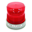 The RKI Strobe Light, Red, 12-48 VDC (Class I Div 2) 51-0031RK-01 from RKI Instruments is a red warning beacon light featuring a ribbed plastic cover and gray base designed for hazardous locations. It includes a pipe mounting base for secure attachment and is commonly used to signal alerts or emergencies. The label on the base provides manufacturer details and specifications.