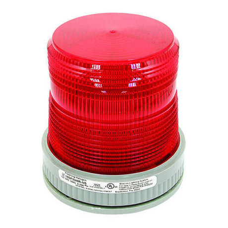 The RKI Strobe Light, Red, 12-48 VDC (Class I Div 2) 51-0031RK-01 from RKI Instruments is a red warning beacon light featuring a ribbed plastic cover and gray base designed for hazardous locations. It includes a pipe mounting base for secure attachment and is commonly used to signal alerts or emergencies. The label on the base provides manufacturer details and specifications.