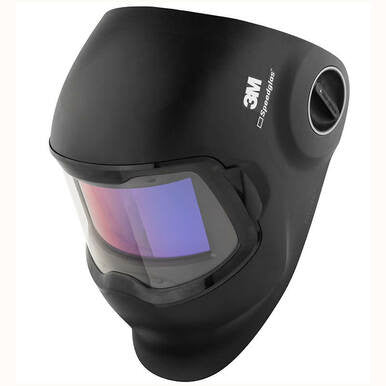 The 3M Speedglas Welding Helmet G5-02 Complete Helmet Assembly in black showcases a large tinted viewing window paired with advanced 3M Speedglas Technology. Its streamlined, curved design includes a side adjustment knob for easy fitting, delivering both comfort and functionality with the Curved Auto-Darkening Filter for superior protection.