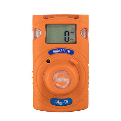 The AimSafety CO Single Gas Monitor PM100-CO, a carbon monoxide detection device, is orange and includes a digital screen that reads "0 PPM." It features three buttons for accurate gas detection and is branded under AimSafety.