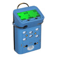 The GfG Microtector II G460 Gas Detector, by GfG, is a blue handheld electronic device with a green-lit screen that displays digital data. It features a smart sensor design for optimal use and includes multiple buttons, indicators, and ports within a protective case equipped with a top hook.