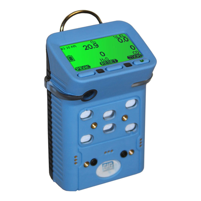 The GfG Microtector II G460 Gas Detector, by GfG, is a blue handheld electronic device with a green-lit screen that displays digital data. It features a smart sensor design for optimal use and includes multiple buttons, indicators, and ports within a protective case equipped with a top hook.