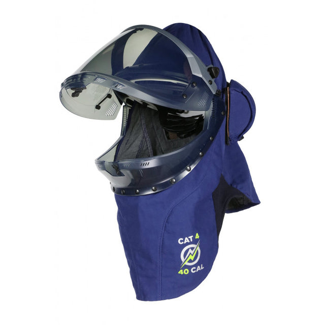 The NSA 40 Cal ArcGuard Performance Lift Front Hood w/Fans ARC40H1 ensures excellent electrical safety with its PureView faceshield and CAT 4, 40 CAL rating. This blue hood, designed by NSA, features a hinged visor for convenient access, providing dependable protection for the head and face in various work settings.