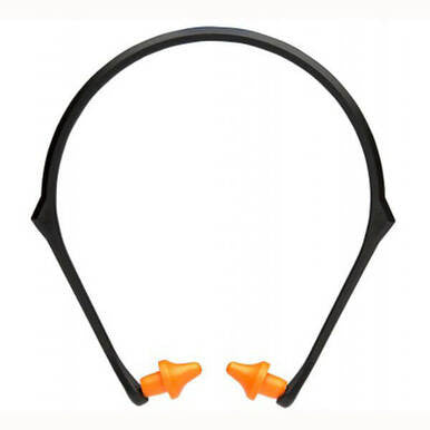 The Pyramex Safety BP3000 Conical Banded Earplugs feature orange earplugs connected to a stylish black headband, providing NRR 22dB noise reduction, showcased on a plain white background.