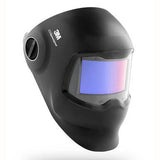 The 3M Speedglas Welding Helmet G5-02 Complete Helmet Assembly by 3M features a large tinted viewing window to protect welders from sparks and intense light. Its sleek, modern design includes a curved auto-darkening filter and an adjustable headband.