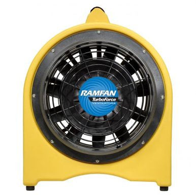 The Euramco RamFan UB30 Confined Space Blower and Exhauster EJ4002 is a high-performance ventilator in yellow, boasting an industrial, compact design for confined space ventilation. It features a large black fan in the center with a blue logo on the front, emphasizing its portability and efficiency.